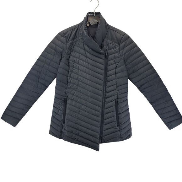 Athleta Down Puffer Coat Womens Small Black Asymmetrical Zip Lightweight Quilted - Picture 2 of 11